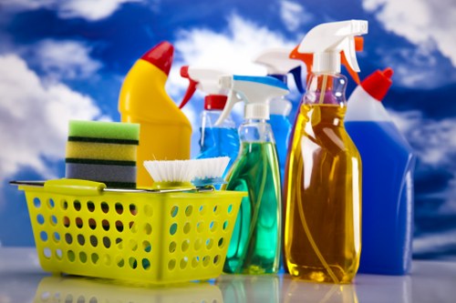 Professional office cleaners working in an Edgware workplace reception area