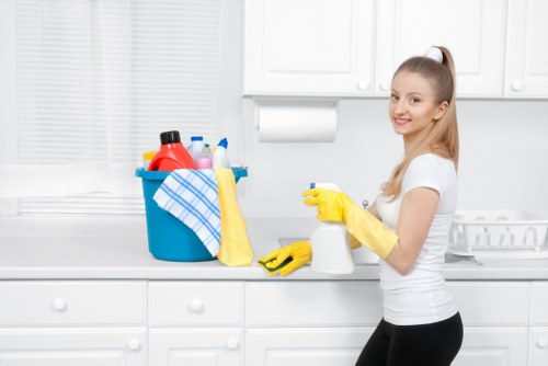 Professional cleaner preparing a tidy living room in Edgware
